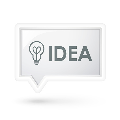 idea word with bulb icon over speech bubble over white