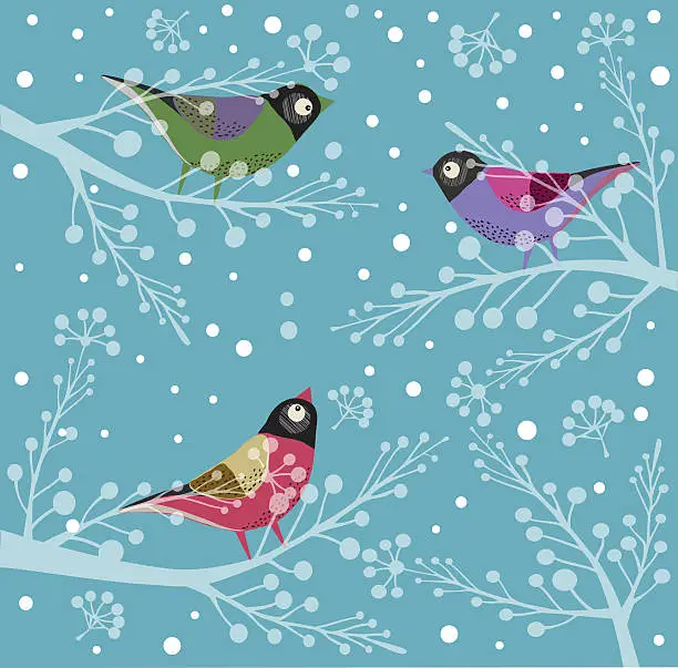 Vector illustration of Birds On Tree, Winter