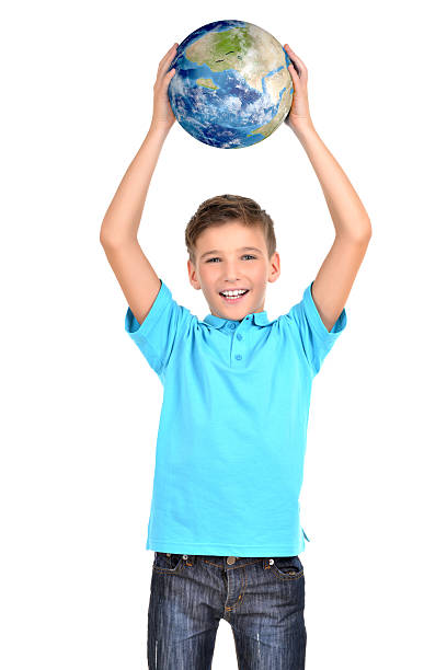 istock Smiling boy in casual holding planet earth in hands 522752857
