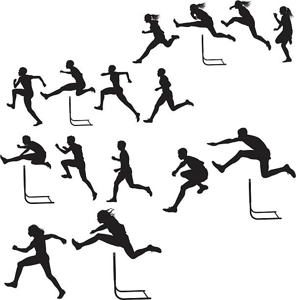 hurdlers-male &  weiblich race track treffen - hürdenlauf stock-grafiken, -clipart, -cartoons und -symbole