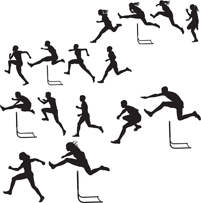 Tight graphic silhouette illustrations of a track and field hurdlers, male and female. Scale to any size. Check out my 