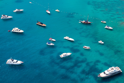aerial view of anchored yachts
