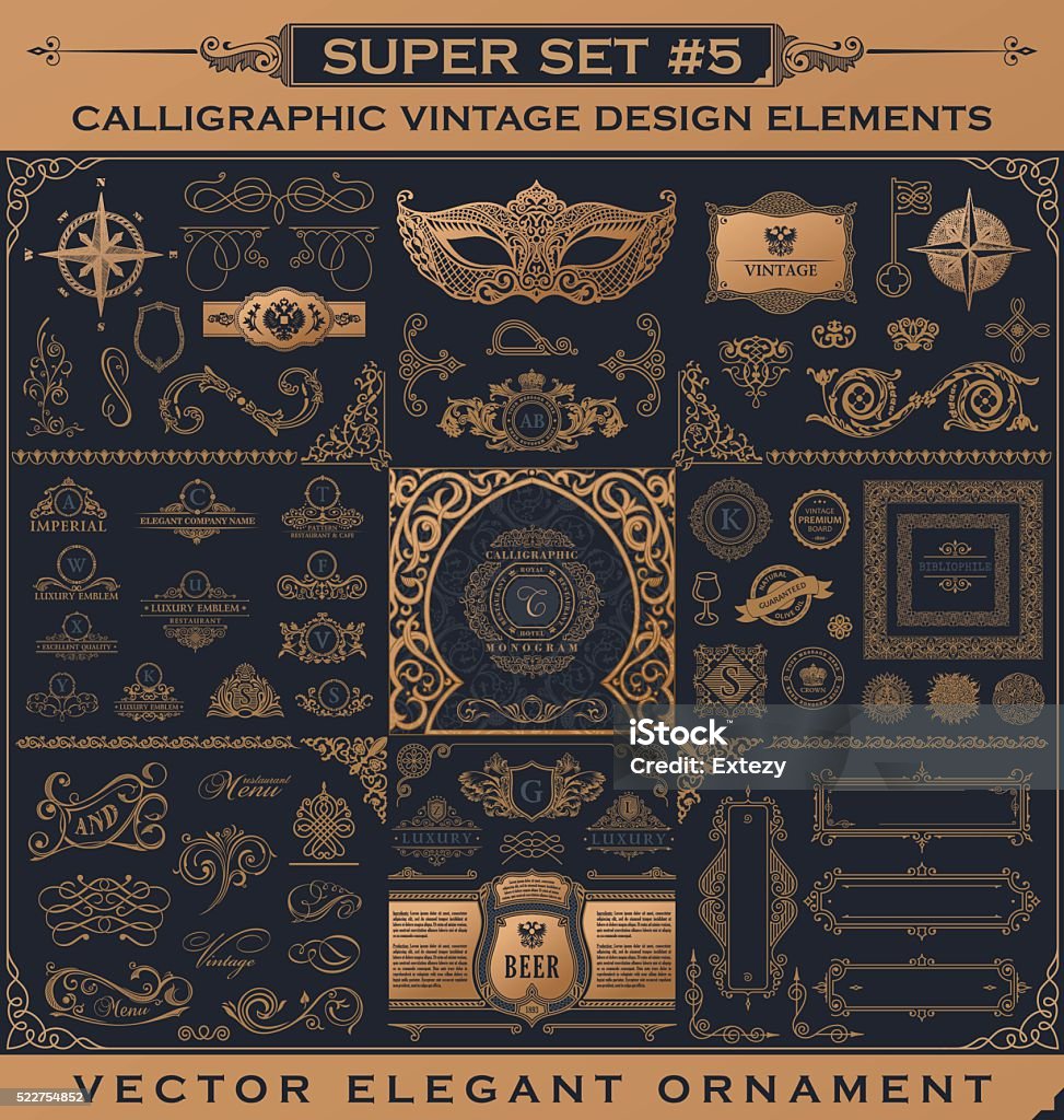 Calligraphic vintage elements. Vector baroque set. Design icons Calligraphic Design vintage Gold elements. Vector flourishes illustration emblem set. Border frame collection. Royal ornament page decoration for menu card, invitations, labels, Restaurant, Cafe, Hotel Old-fashioned stock vector