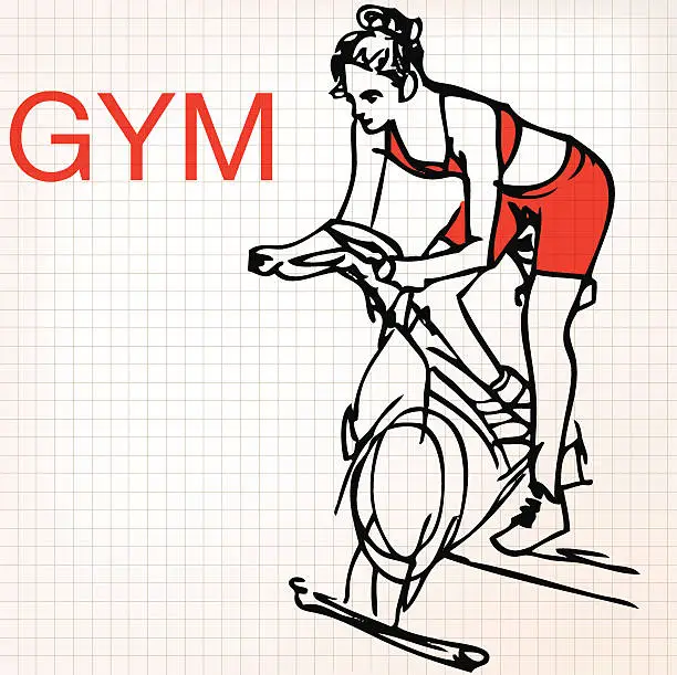 Vector illustration of illustration of young women on stationary bikes exercising in th