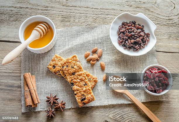 Homemade Granola Bars On The Sackcloth Stock Photo - Download Image Now - Protein Bar, Breakfast Cereal, Almond