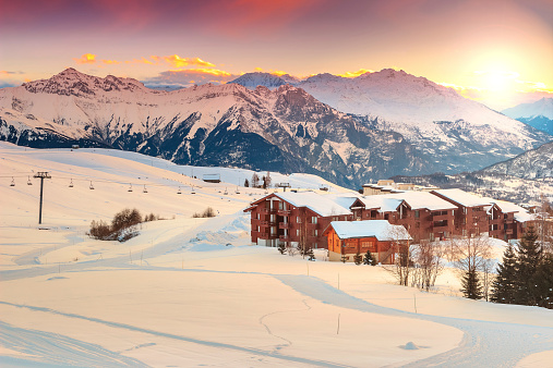 Beautiful sunset and ski resort in the French Alps,Europe