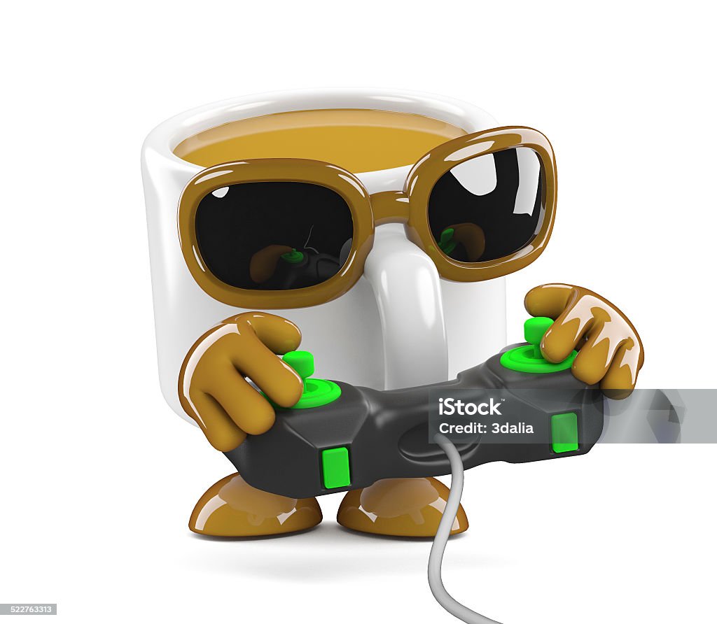 3d Coffee cup playing videogames 3d render of a coffee cup character playing on a videogame console controller Brand Name Video Game Stock Photo