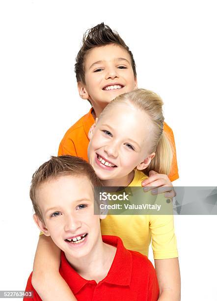 Portrait Of The Happy Children Isolated On White Stock Photo - Download Image Now - Boys, Casual Clothing, Cheerful