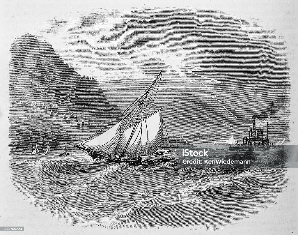 The Donder Berg The Donder Berg (Thunder Mountain), that rises sharply at the turn of the Hudson River river opposite Peekskill village, was so named because of the frequent thunder storms that gather around its summit in summer. Illustration from an April, 1876 issue of Harper's New Monthly Magazine Sloop stock illustration