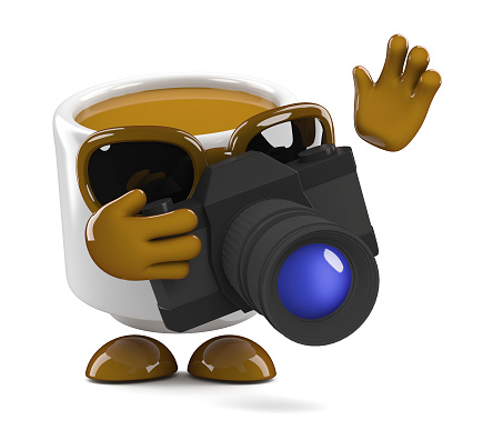 3d Coffee cup takes a photo