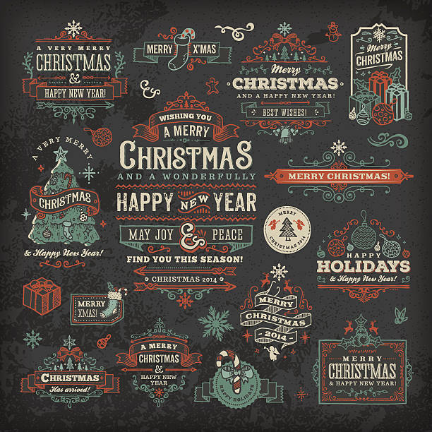 illustrazioni stock, clip art, cartoni animati e icone di tendenza di disegnati a mano lavagna natale etichette & badge - blackboard christmas retro revival old fashioned