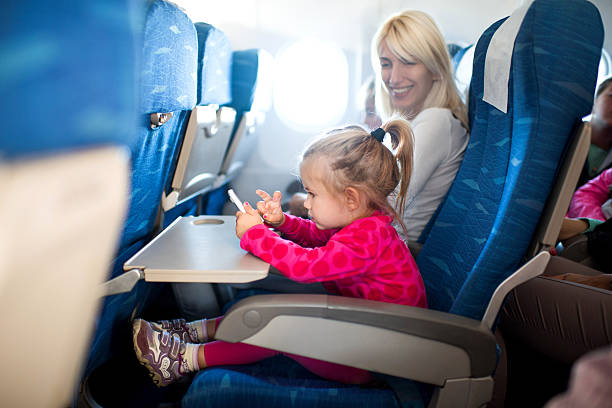 istock Little girl using cell phone in airplane. 522766669