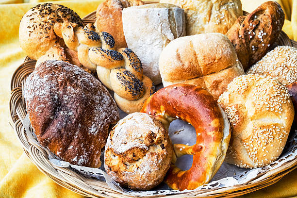 bread typical german bread rolls at a bavarian beergarden bread bun corn bread basket stock pictures, royalty-free photos & images