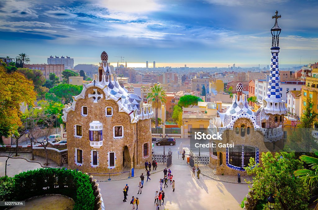 Guell Park View of the city from Park Guell in Barcelona, Spain  Park Guell Stock Photo