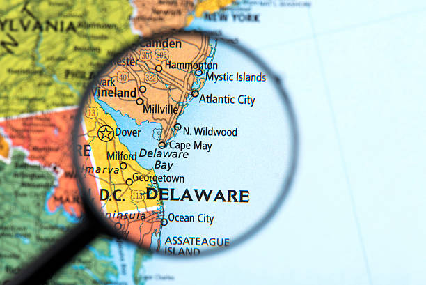 Map of Delaware Map of Delaware. Detail from the World Atlas. Selective Focus. delaware us state photos stock pictures, royalty-free photos & images