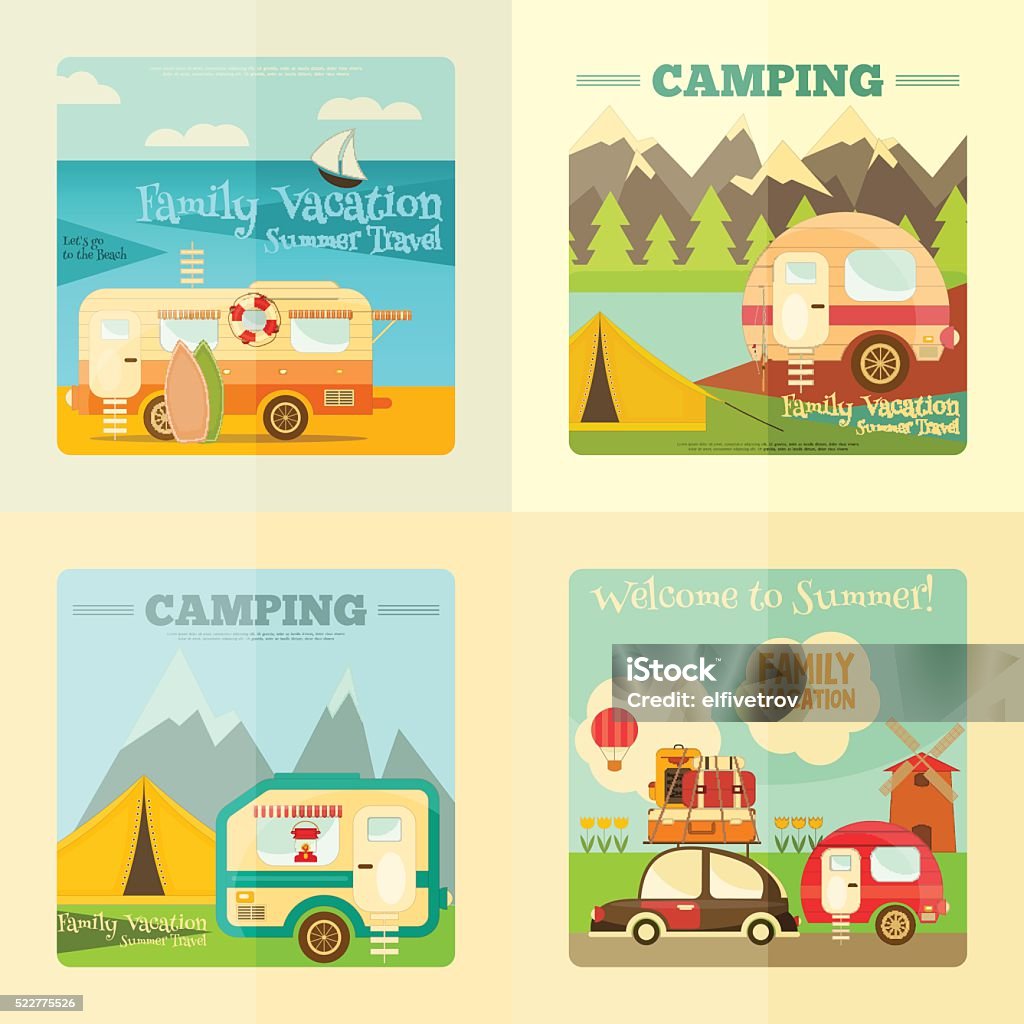 Camping Caravan Set Camping with Family Trailer Caravan. Campsite Landscape with RV Traveler Truck and Tent. Outdoor Traveling Vacation. Posters Set. Vector Illustration. Motor Home stock vector