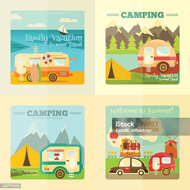 Camping Caravan Set Stock Illustration - Download Image Now - Motor Home, Illustration, Poster