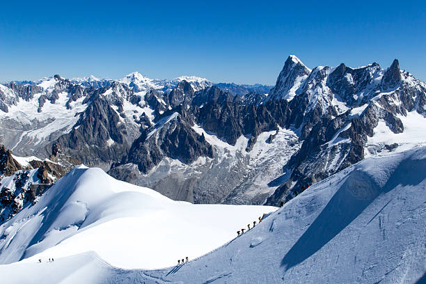 Chamonix, France - September 2, 2014: Climbers climbing mont blanc in france the way to the summit.