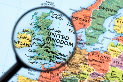 Map of United Kingdom. Detail from the World Atlas. Selective Focus.
