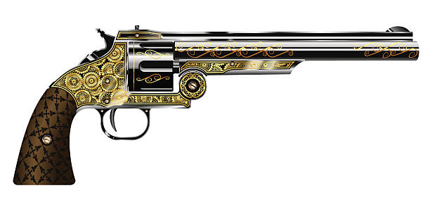 revolver vector illustration of a revolver, engraved in the steampunk style isolated on white background steampunk pistol pictures stock illustrations