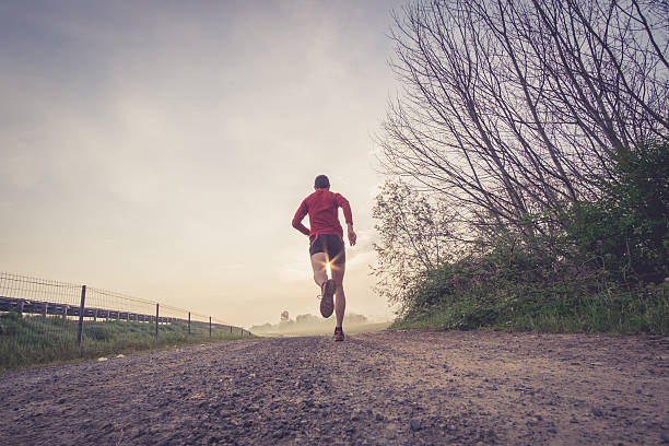 Man running in the country early in the morning A man running on a trail path early in the morning strada sterrata stock pictures, royalty-free photos & images