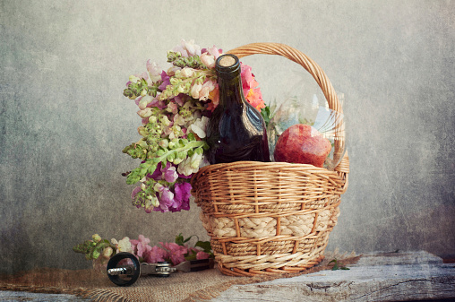 Bottle of wine in basket