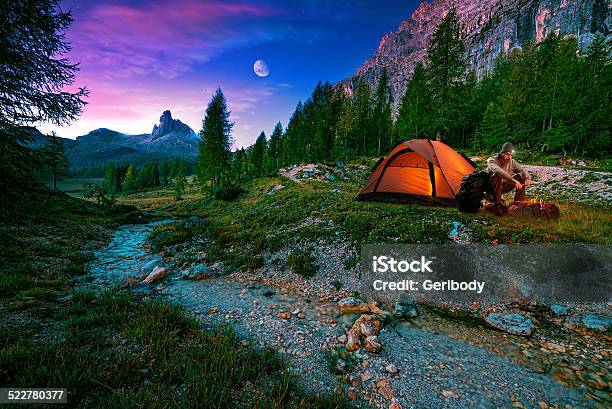 Mystical Night Landscape In The Foreground Hike Campfire And Tent Stock Photo - Download Image Now