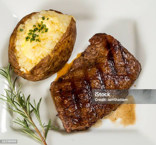 Grilled Sirloin Steak Stock Photo - Download Image Now - Baked Potato, Steak, Baked