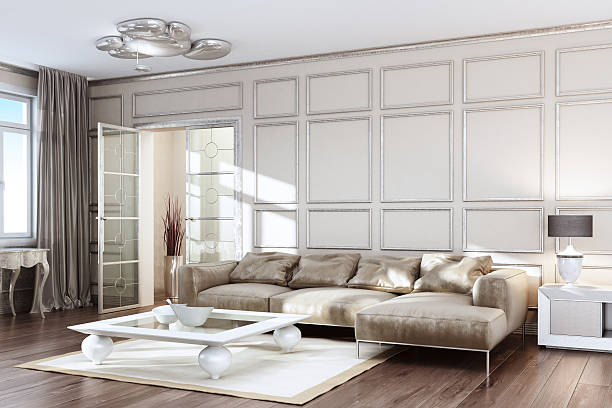 Interior of chair in room with mirrored cabinet against floral pattern wallpaper