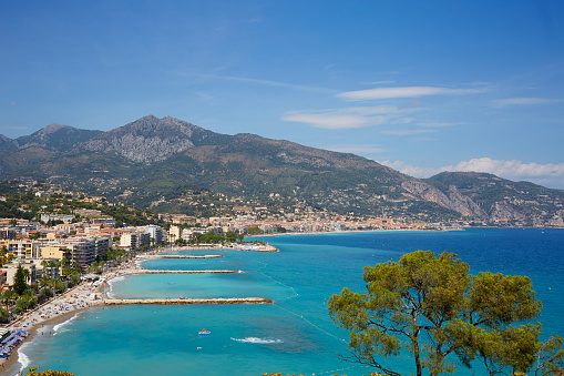 Cap Martin and Roquebrune, French riviera coast with blue sea in a sunny summer day