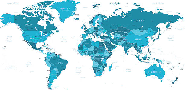 World Map Blue World Map international border stock illustrations