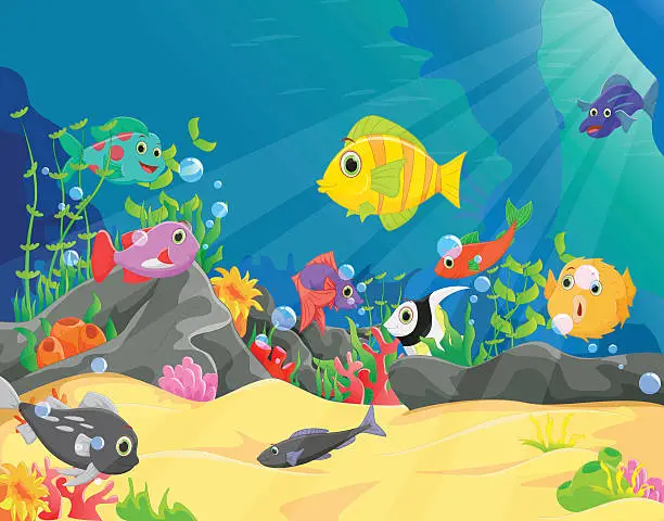 Vector illustration of illustration of underwater world with corals and tropical fish