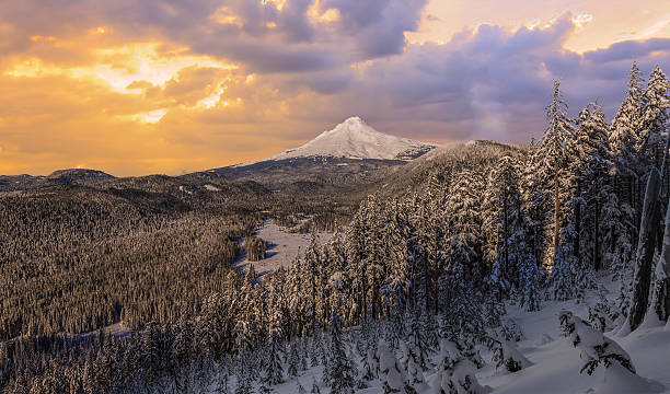 Stormy Winter Vista of Mount Hood in Oregon, USA. stock photo
