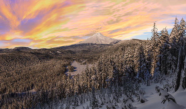Stormy Winter Vista of Mount Hood in Oregon, USA. Majestic View of Mt. Hood on a stormy evening during the Winter months. mt hood photos stock pictures, royalty-free photos & images