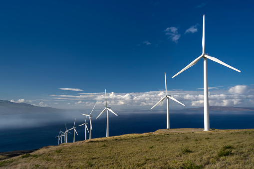 Wind turbines on the island of Maui, Hawaii, USA