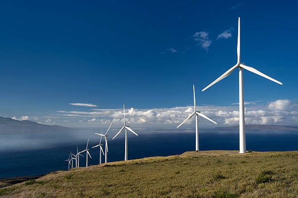 turbinas de vento. maui, havaí, eua - landscape alternative energy scenics farm - fotografias e filmes do acervo