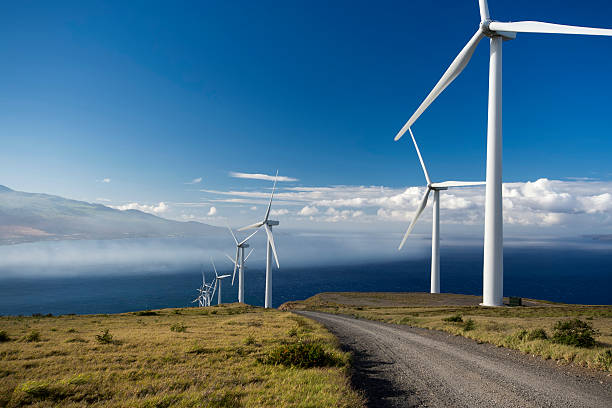 turbinas de vento. maui, havaí, eua - landscape alternative energy scenics farm - fotografias e filmes do acervo