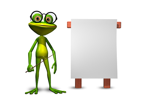 Illustration green frog with a pointer and a white background