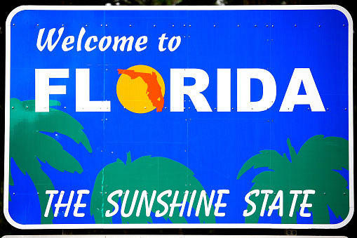 Welcome to Florida sign along U.S. Route 319 at the Florida/Georgia state line.