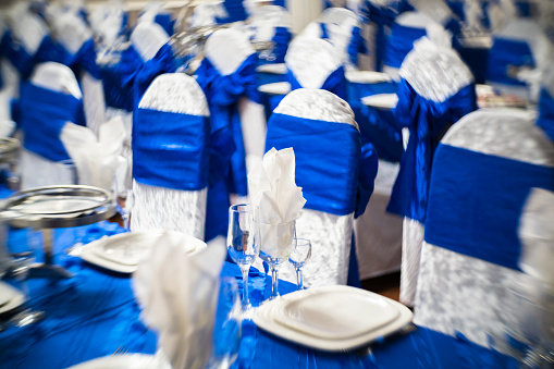 Restaurant banquet room decorated for Bar Mitzvah. Brooklyn, New York City, USA