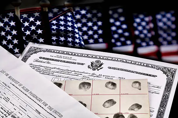 Certificate of US Citizenship, fingerprint card, Declaration of Intention and Passenger Manifest documents with American Flags