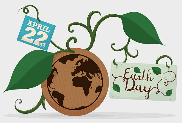 Earth Reminder with Leaves, Vines and Cards for Earth Day Button with World silhouette in a recycled cardboard and cards tangled in vines and leaves commemorating Earth Day. 22nd april stock illustrations