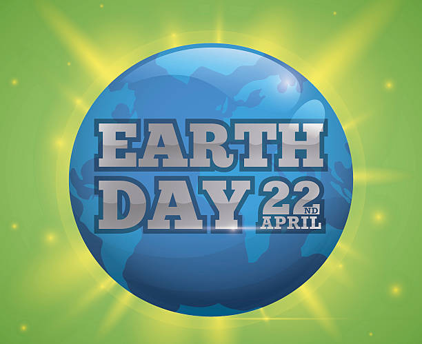 Earth Day Celebration Design with Blue World and Glows Poster with blue glossy World in a green glowing background for Earth Day celebration. 22nd april stock illustrations