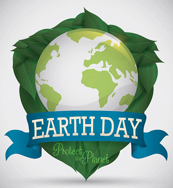 Shield formed for Leaves with World for Earth Day Earth Day design with green shield formed for leaves, globe and blue ribbon commemorating to protect the planet. 22nd april stock illustrations