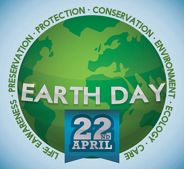 Green World with Values Around of Earth Day Celebration Green and glossy world with blue ribbon and some principal values of Earth Day commemoration. 22nd april stock illustrations