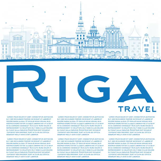 Vector illustration of Outline Riga Skyline with Blue Landmarks and Copy Space.