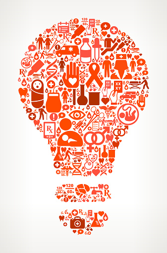 lightbulb Healthcare and Medicine Seamless Icon Pattern.  These red healthcare icons feature such common medical icons as the caduceus, stethoscope, doctor, nurse, drugs and other healthcare icons. The vector graphics are flat and vary in size and shades of color. Icon download includes vector graphic and jpg file.
