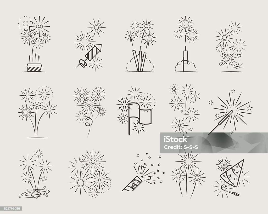Pyrotechnic line icons Pyrotechnic line icons. Fireworks and celebration thin line signs vector Petard stock vector