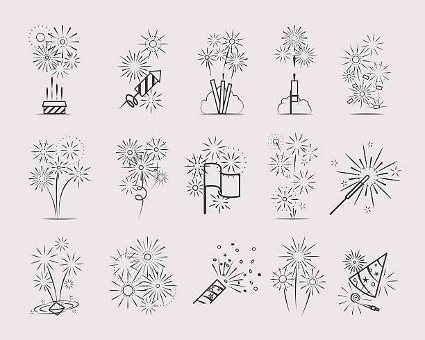 Pyrotechnic line icons Pyrotechnic line icons. Fireworks and celebration thin line signs vector slapstick comedy stock illustrations