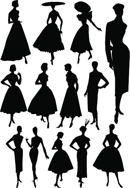 Fashion model - 1950's style 13 silhouette of woman - vector file fashion silhouettes stock illustrations